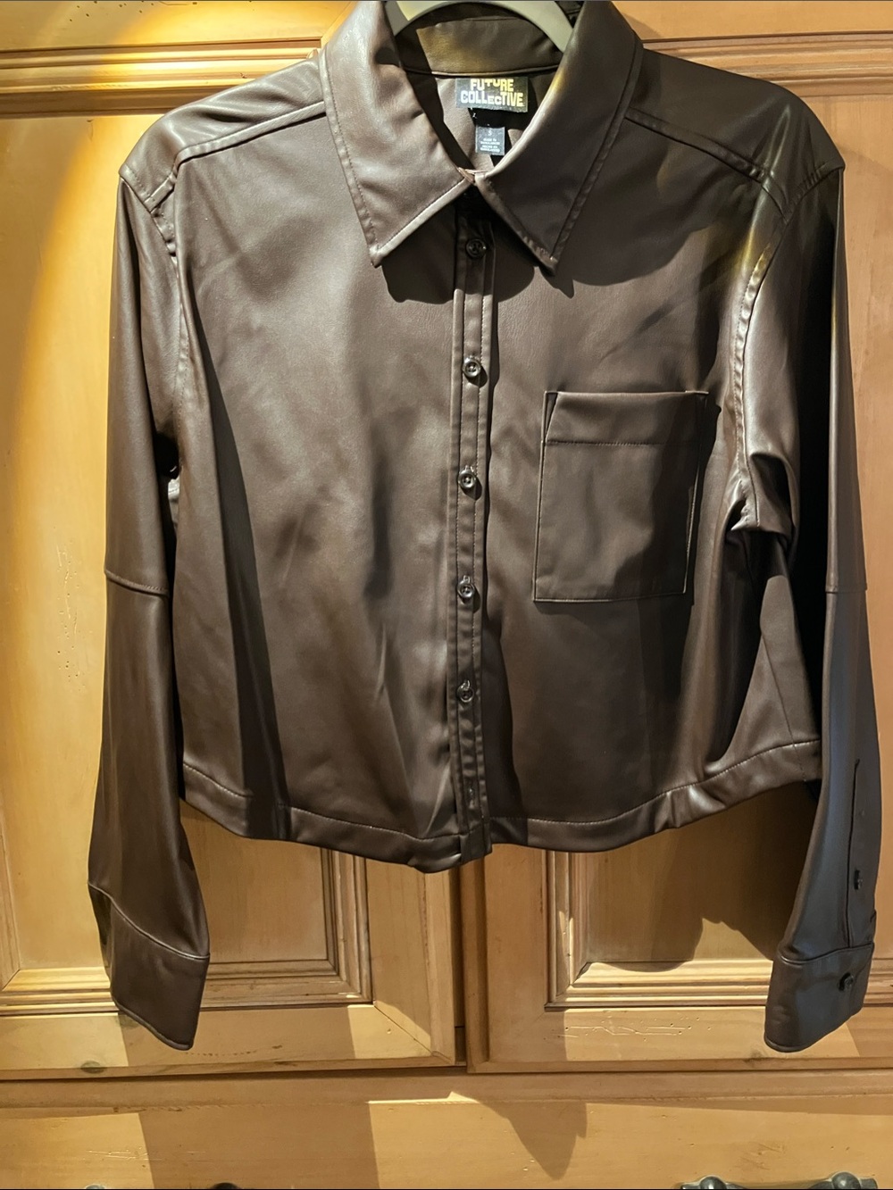 Future Collective Brown Faux Leather Button-Down Shirt, S